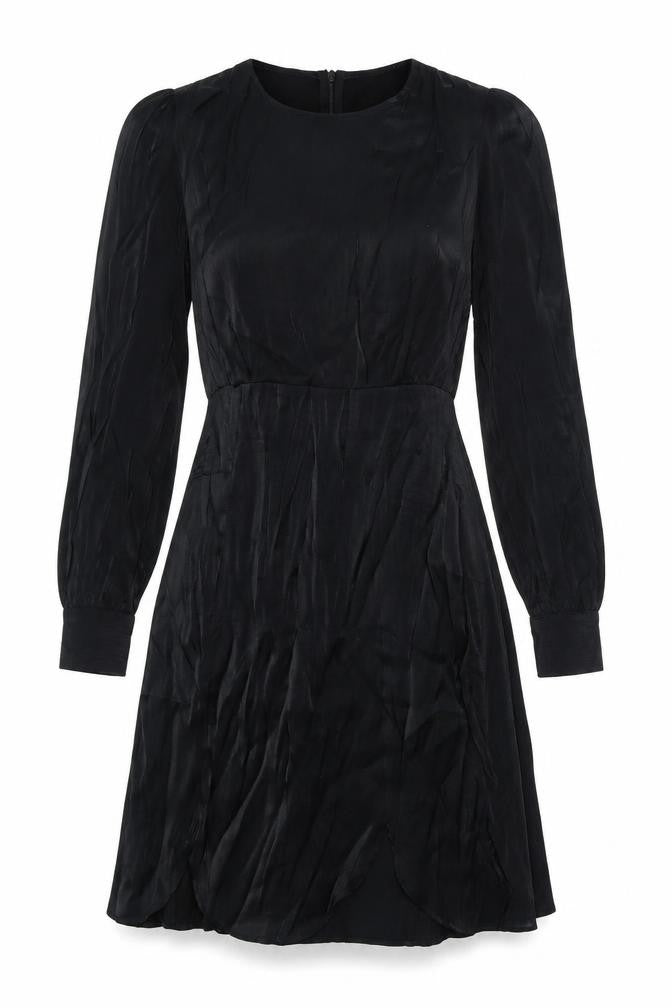 Front view of YAS women’s black polyester a-line, size S, round neck zip