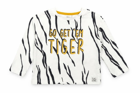 Front view of F&F Baby White Animal Print Cotton Pullover T-Shirt, size 6-9, Months Crew Neck Snap - Tiger