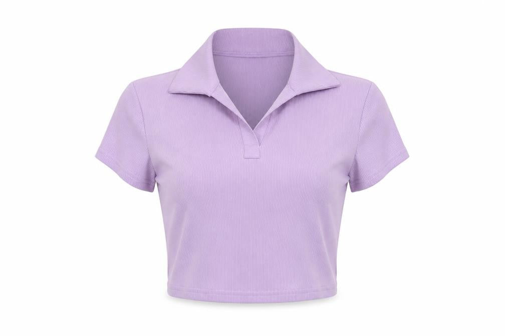 Front view of SHEIN women’s purple polyester cropped polo, size XS, collared - ribbed