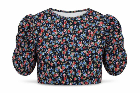Front view of Urban Bliss women’s multicoloured floral polyester cropped t-shirt, size UK 10, crew neck - ruched sleeves