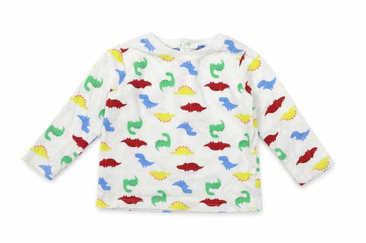 Front view of Dunnes Baby White Geometric Cotton Pullover T-Shirt, size 6-9, Months Crew Neck Snap - Dinosaur Print
