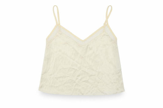 Front view of ASOS women’s beige polyester camisole blouse, size S, v-neck