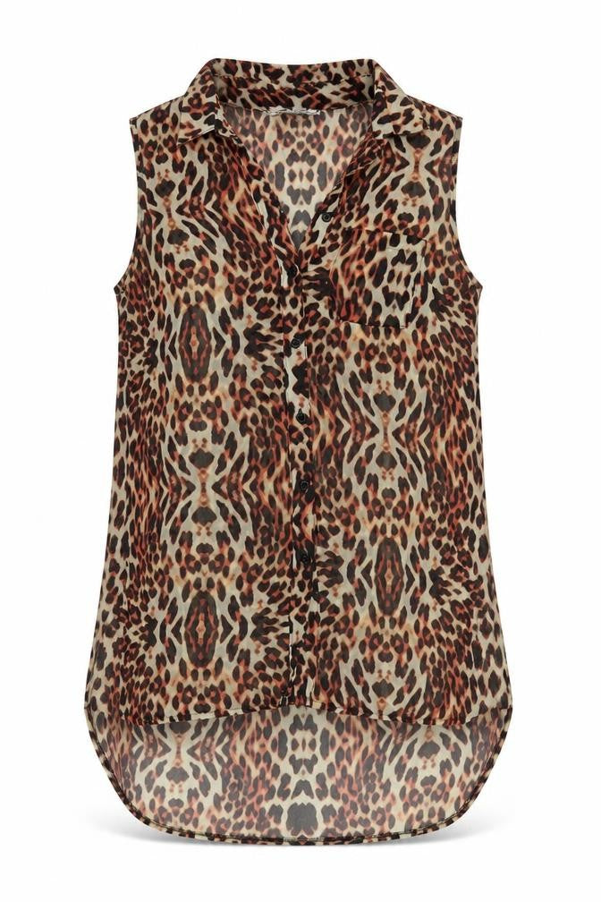 Front view of New Look women’s multicoloured animal print polyester tunic button-up, size UK 8, collared
