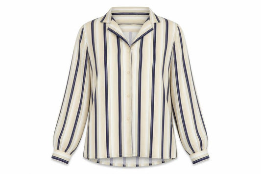 Front view of Butte Knit women’s beige striped polyester basic button-up, size UK 16, collared