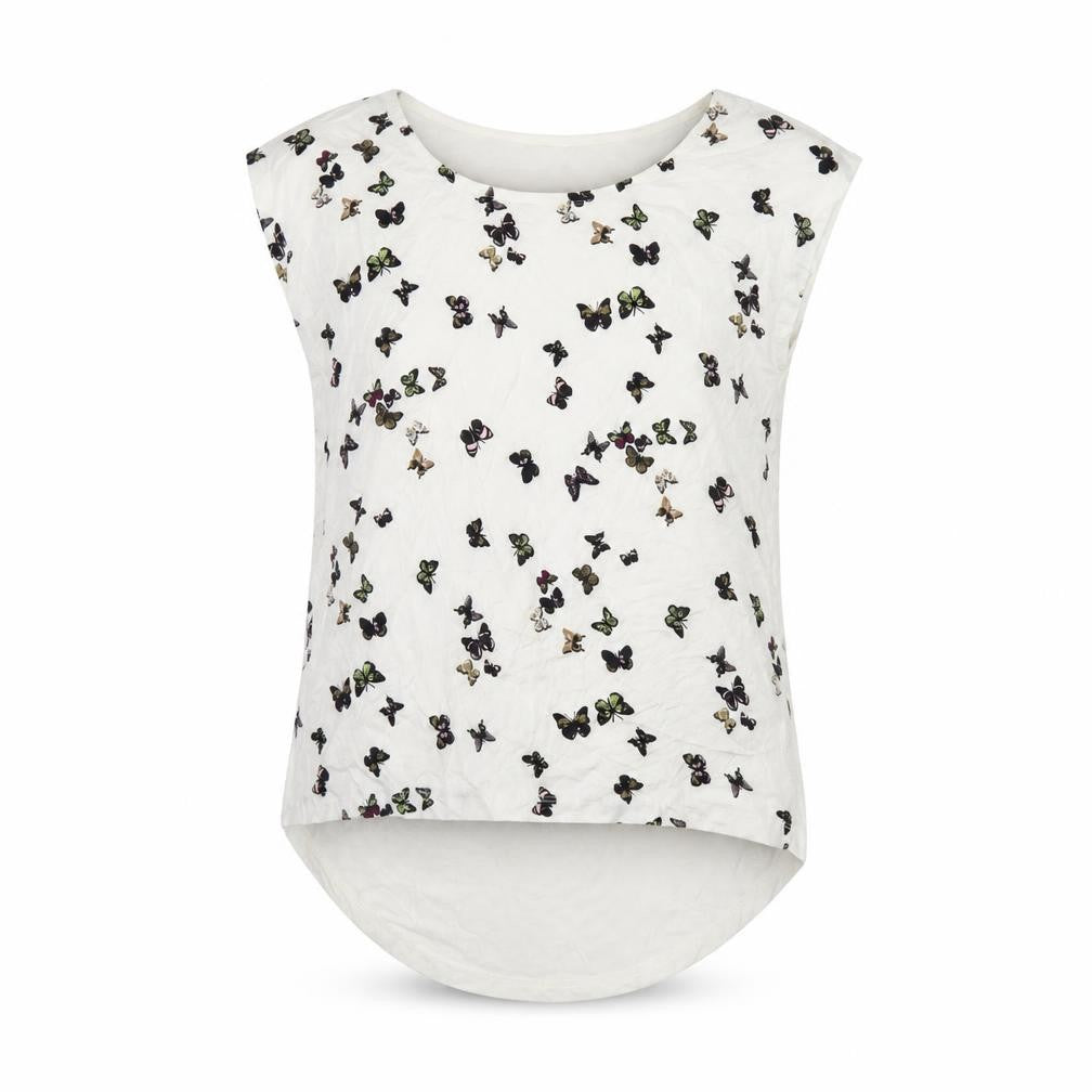 Front view of Rainbow women’s white geometric viscose basic button-up, size S, boat neck - butterfly print