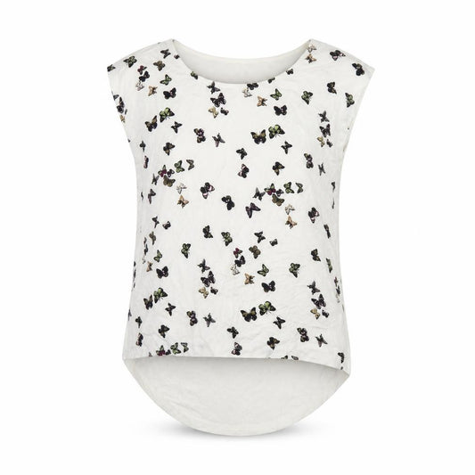 Front view of Rainbow women’s white geometric viscose basic button-up, size S, boat neck - butterfly print