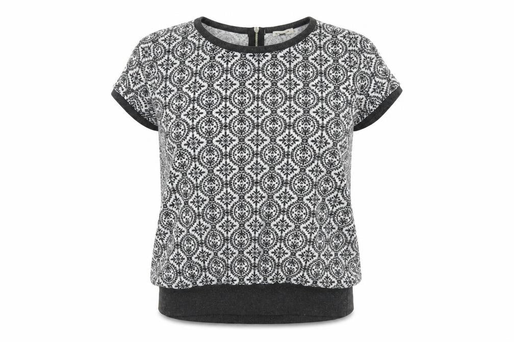 Front view of River Island women’s black round neck geometric polyester jumper, size UK 10