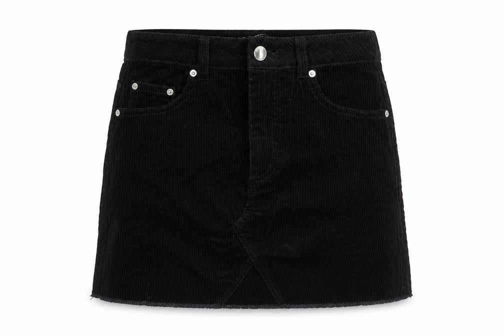 Front view of Miss Selfridge women’s black cotton mini skirt, size UK 6, button