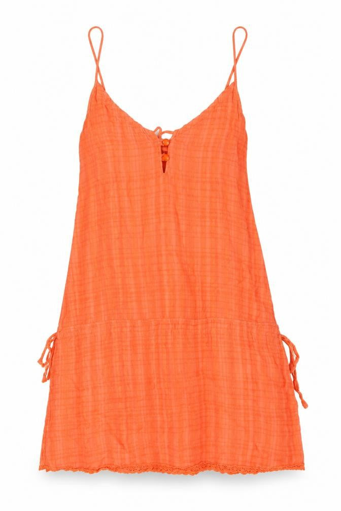 Front view of Del Sol women’s orange cotton mini, size L, v-neck button