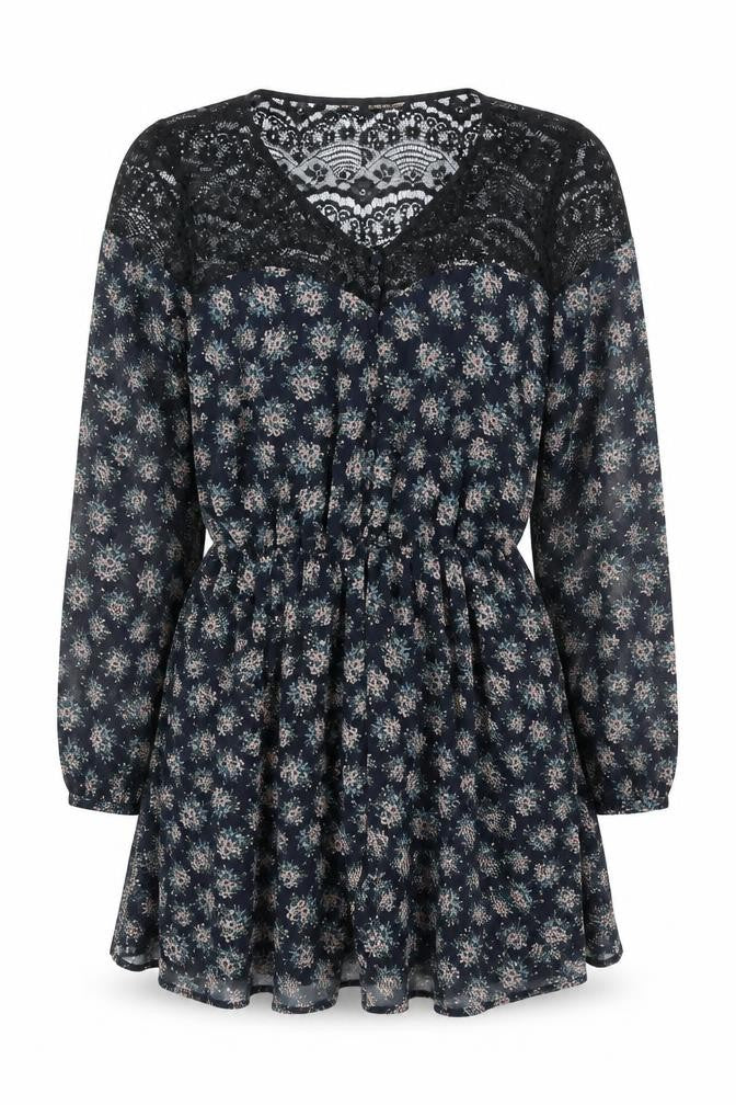 Front view of River Island women’s blue floral polyester mini, size UK 6, v-neck button - lace neckline