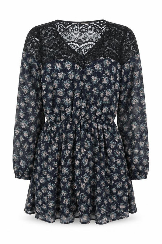 Front view of River Island women’s blue floral polyester mini, size UK 6, v-neck button - lace neckline