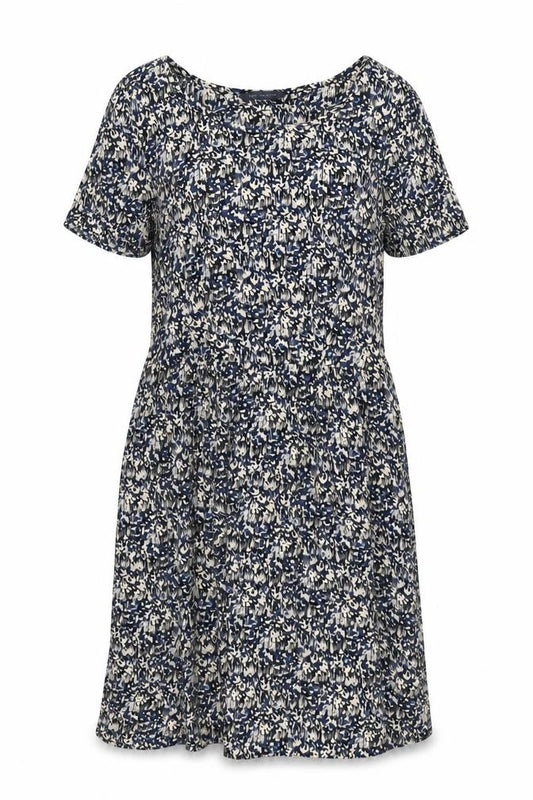 Front view of Marks & Spencer women’s multicoloured geometric viscose mini, size UK 8, boat neck zip
