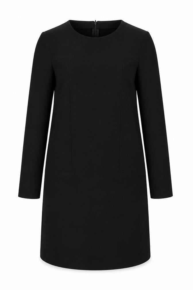 Front view of R Edition women’s black polyester a-line, size UK 8, boat neck zip