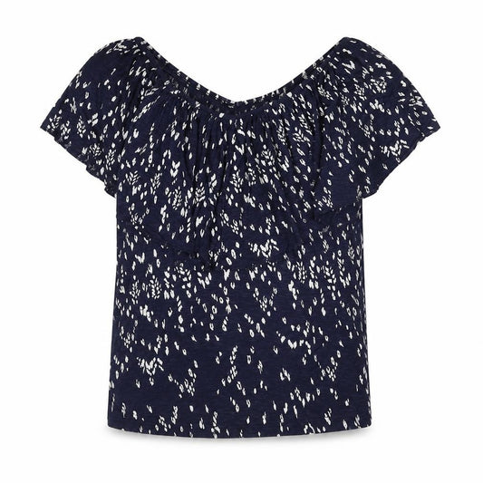 Front view of Monsoon women’s blue geometric viscose basic blouse, size S, v-neck