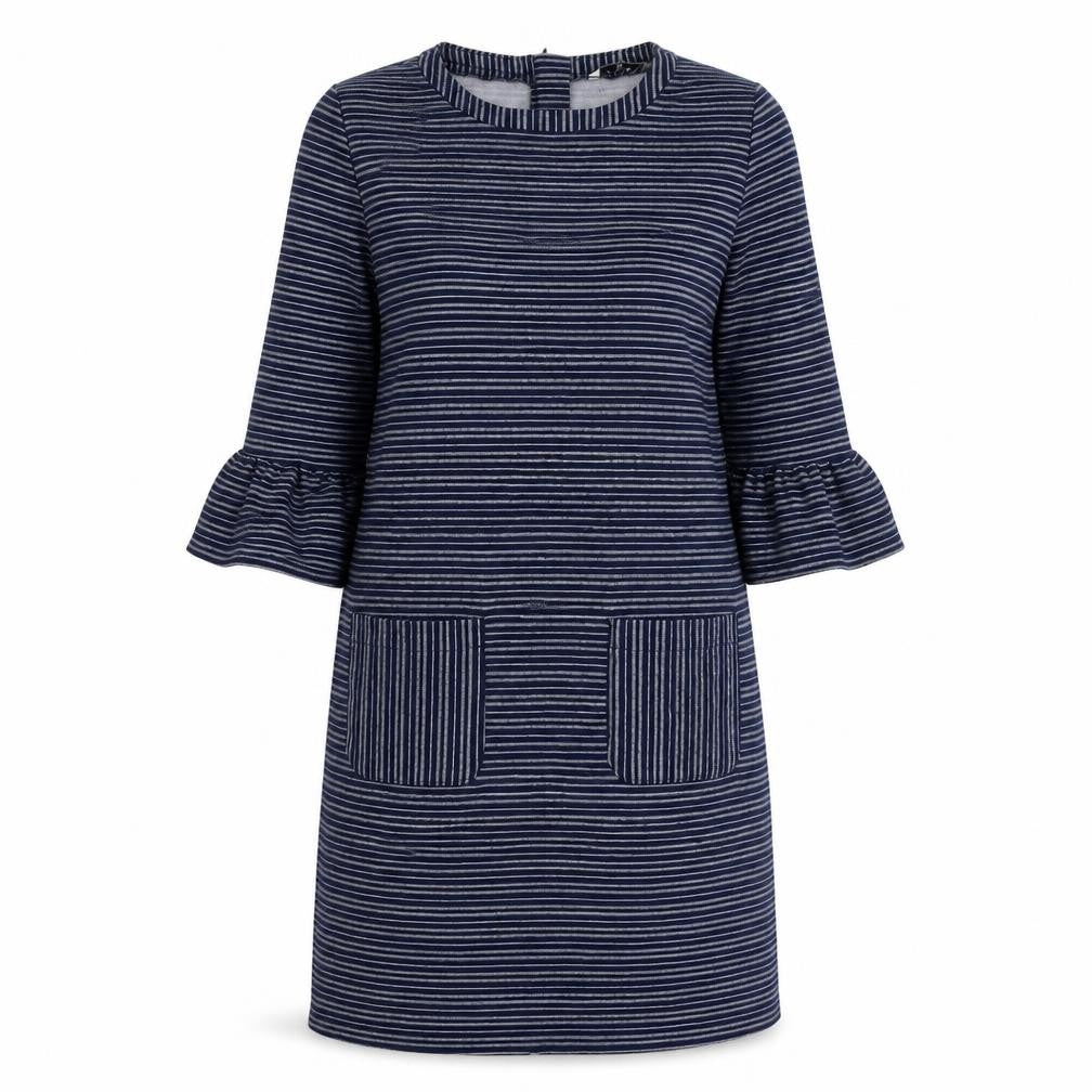 Front view of Tu women’s blue striped polyester a-line, size UK 12, round neck zip