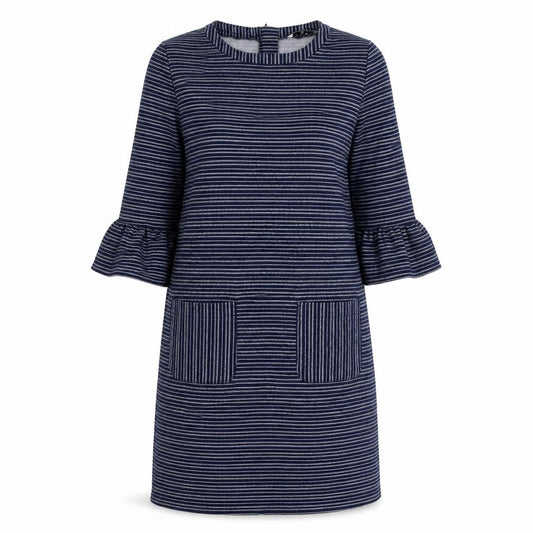 Front view of Tu women’s blue striped polyester a-line, size UK 12, round neck zip