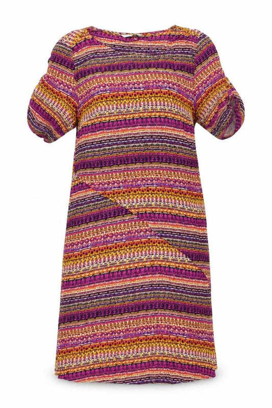 Front view of Dash women’s multicoloured geometric viscose a-line, size UK 10, boat neck pullover