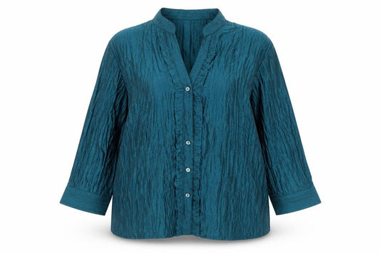 Front view of EWM women’s blue polyester basic button-up, size UK 16, sweetheart