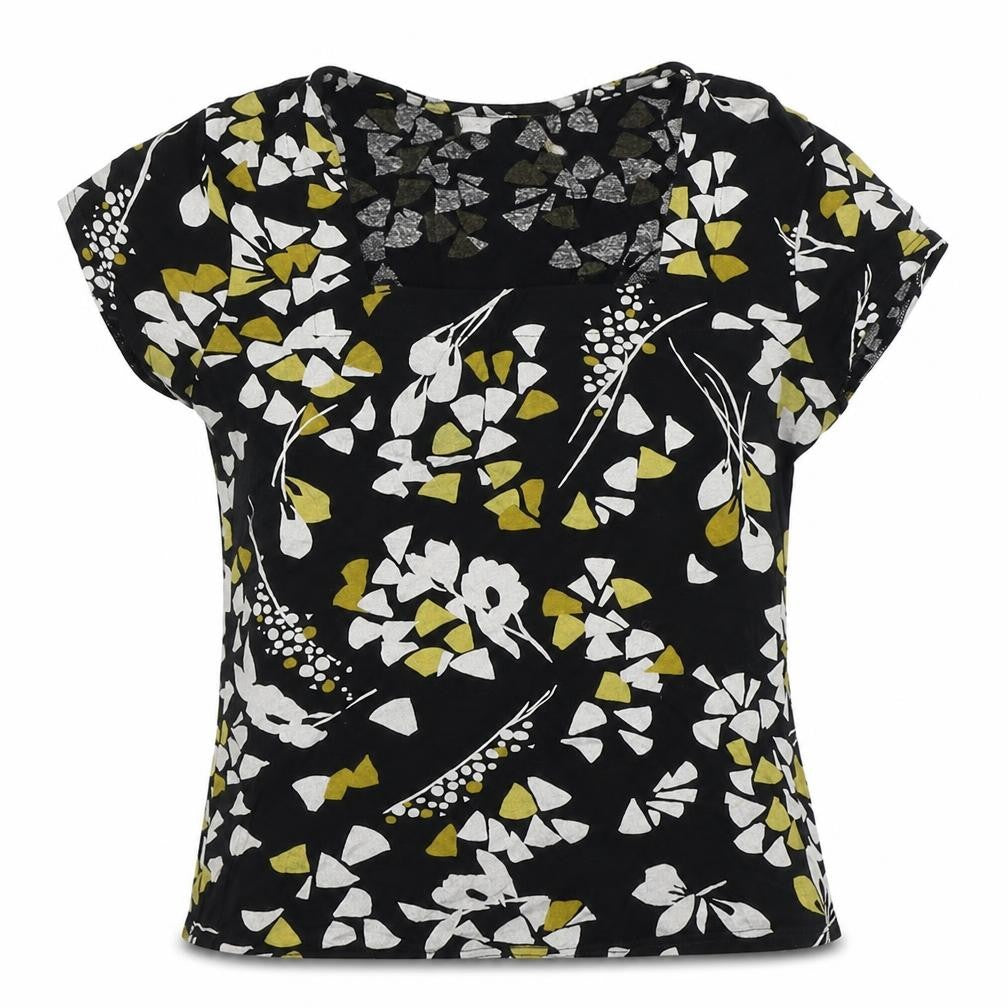 Front view of Minuet women’s black floral polyester basic t-shirt, size UK 10, square neck