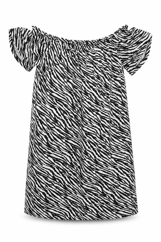 Front view of George women’s black animal print viscose a-line, size S, off the shoulder pullover - zebra