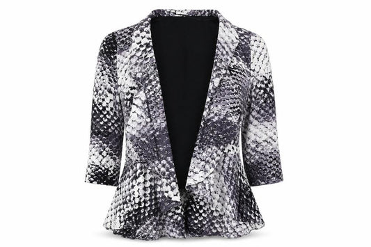 Front view of Roman women’s multicoloured collared geometric viscose cardigan jumper, size UK 14