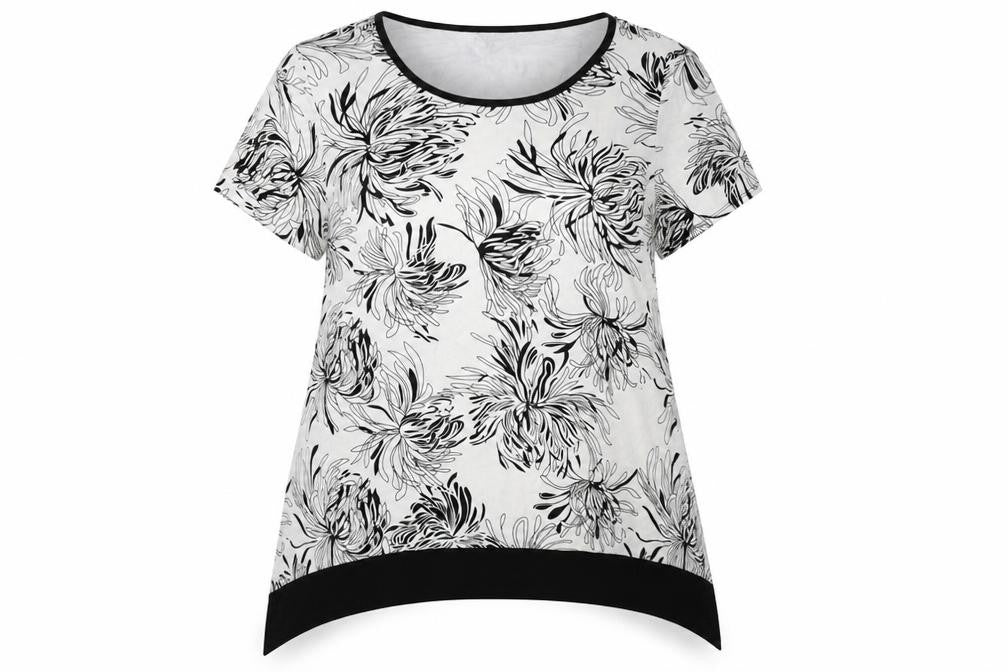 Front view of M&Co women’s black floral viscose basic blouse, size UK 16, round neck - asymmetric hem