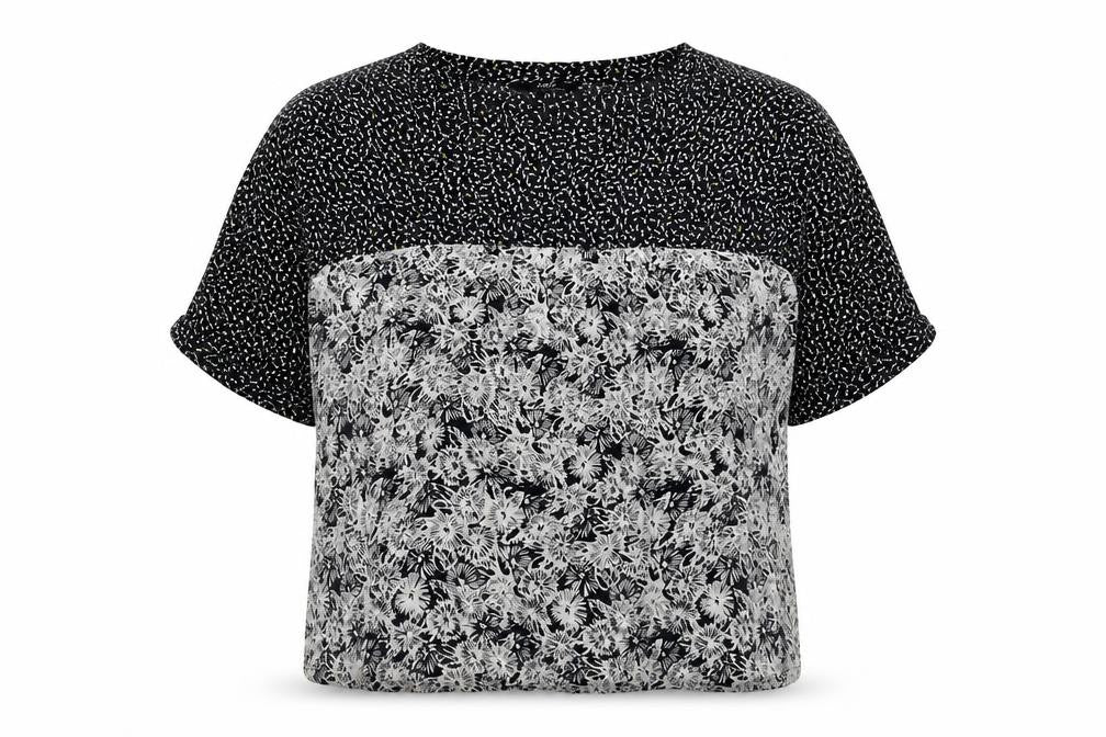 Front view of Next women’s black floral polyester basic t-shirt, size UK 10, round neck