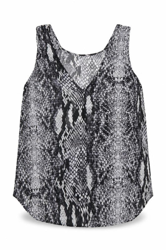 Front view of Preworn women’s black animal print polyester basic tank, size UK 14, v-neck - snakeskin print