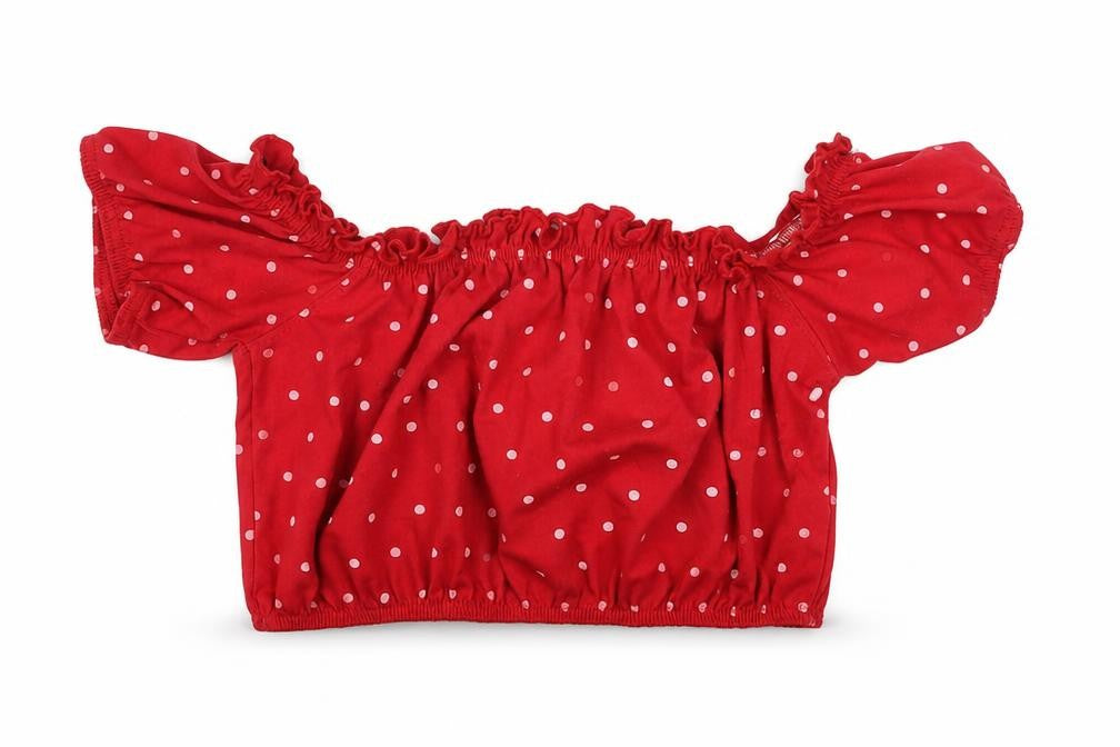 Front view of Misguided women’s purple polka dot polyester cropped blouse, size UK 6, off the shoulder