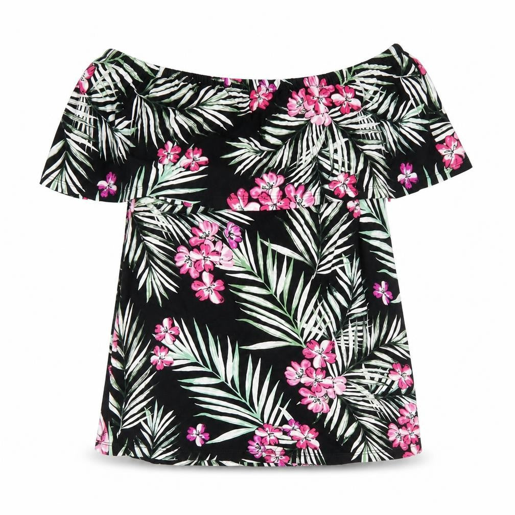 Front view of Peacocks women’s black floral viscose basic blouse, size UK 10, off the shoulder - bardot