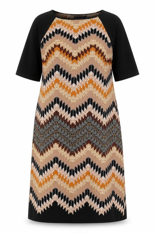 Front view of Marks & Spencer women’s multicoloured geometric polyester a-line, size UK 14, boat neck pullover