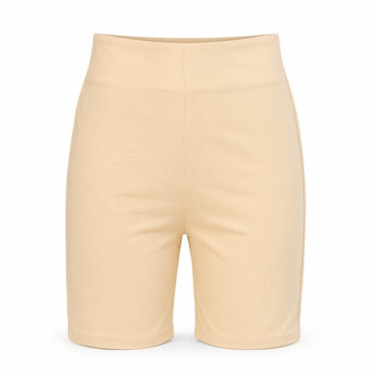 Front view of Missy Empire women’s beige polyester sweat shorts, size UK 4, 7-inch leg regular - cycle short