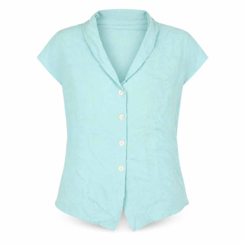 Front view of Islas women’s blue 100% cotton basic button-up, size L, collared