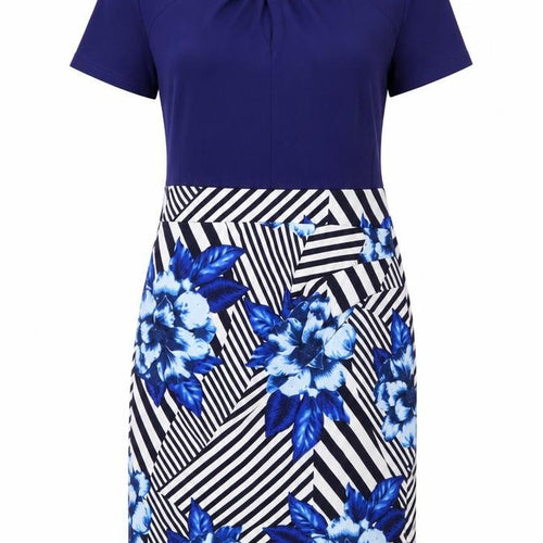Homeyee Womens Blue Geometric Polyester A-Line Size 14 Mock Neck Zip - Knot Neck
