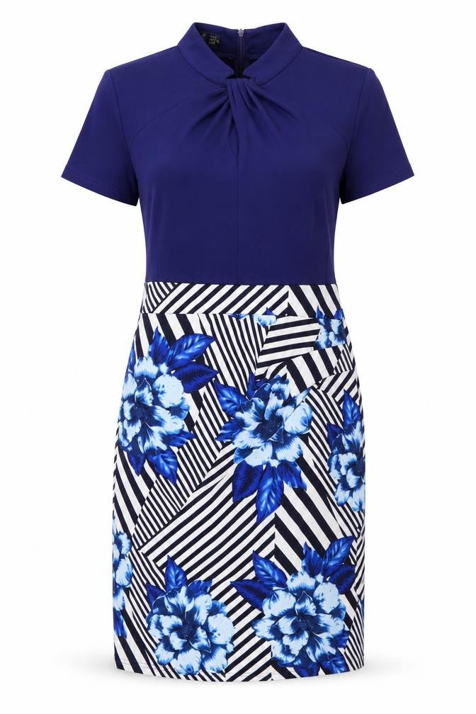 Homeyee Womens Blue Geometric Polyester A-Line Size 14 Mock Neck Zip - Knot Neck
