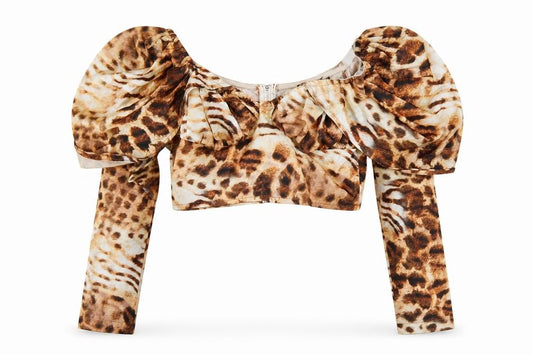 Front view of PRETTYLITTLETHING women’s brown animal print polyester cropped blouse, size UK 8, boat neck - leopard print