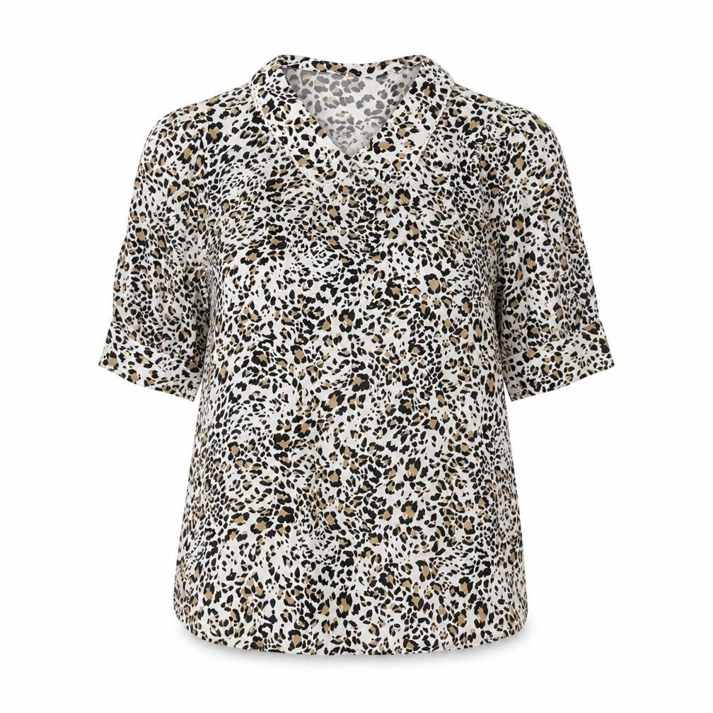 Front view of Marks & Spencer women’s white animal print viscose basic blouse, size UK 8, collared - leopard print