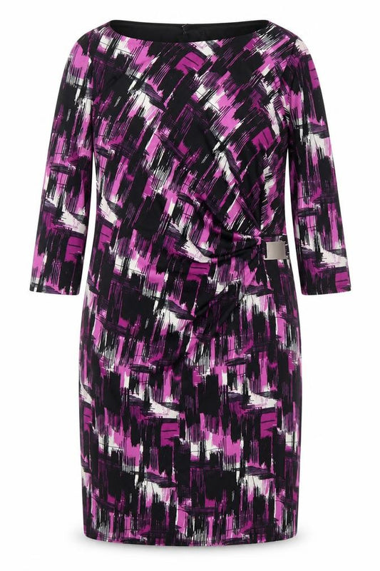 Front view of women’s purple geometric viscose a-line, size UK 12, round neck pullover