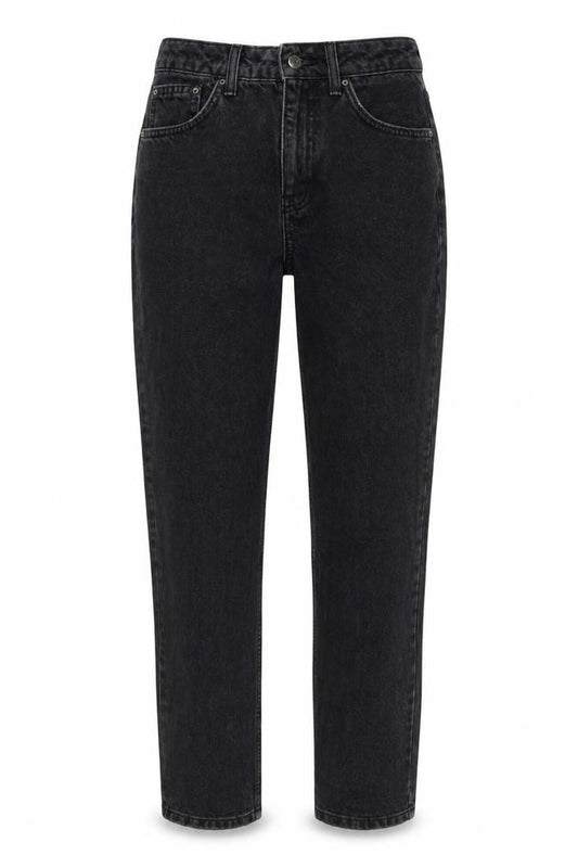 Front view of Topshop women’s black cotton mom jeans, size UK 26, in, 34-inch leg regular button