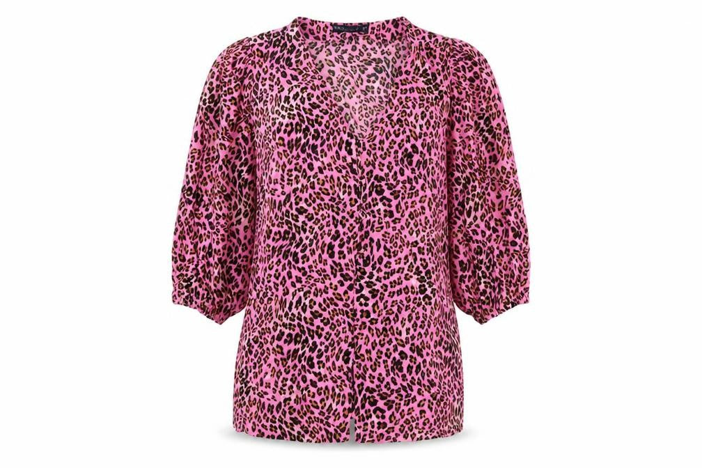 Marks & Spencer Womens Pink Animal Print Polyester Basic Button-Up Size 8 V-Neck - Leopard pattern
