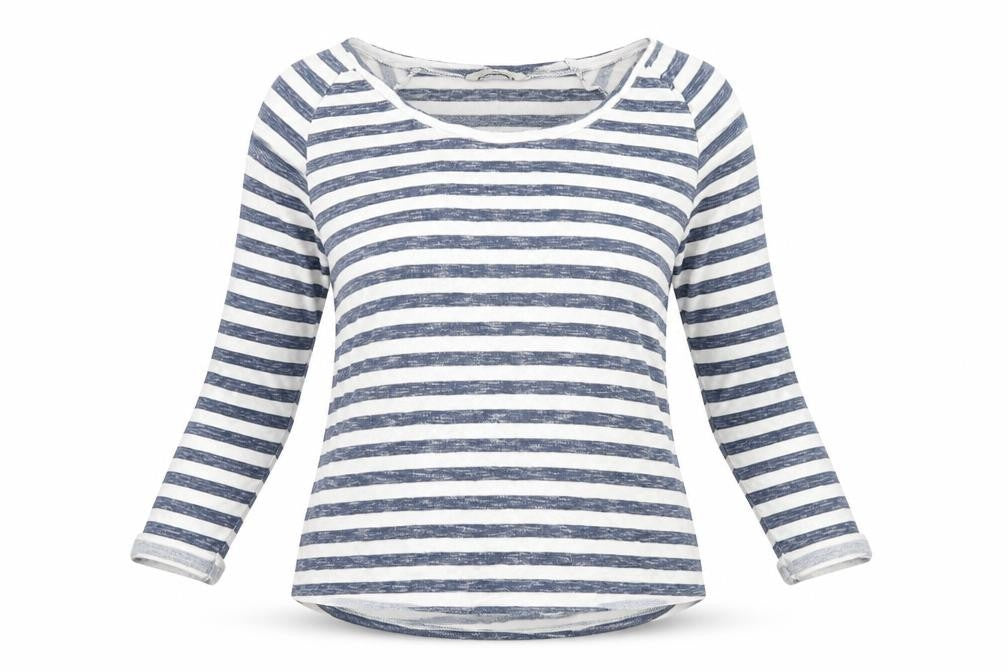 Front view of Tu women’s blue striped polyester basic t-shirt, size UK 8, crew neck