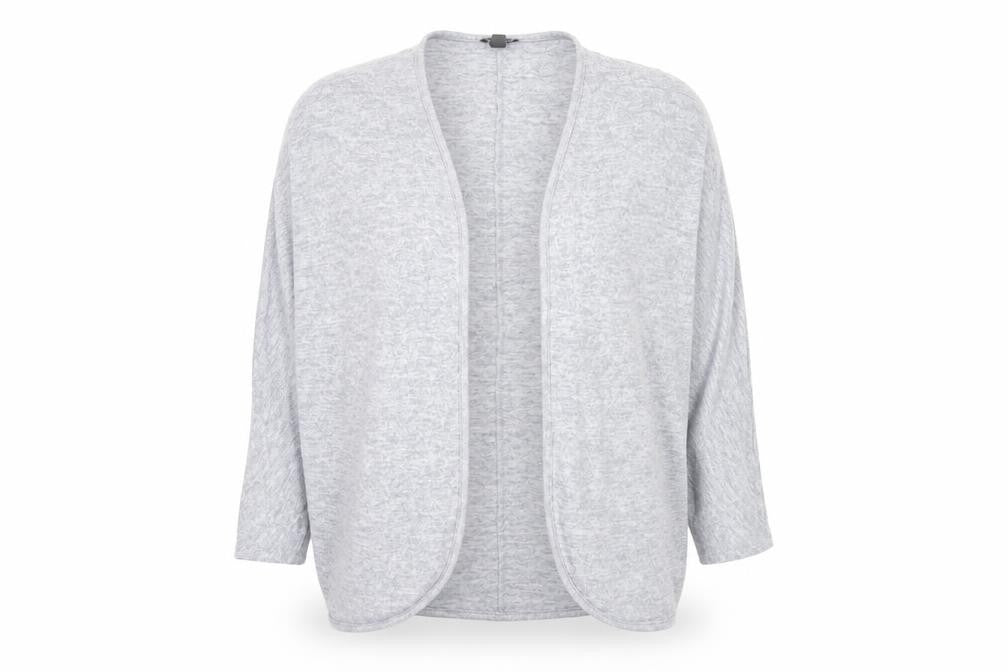 Front view of Marks & Spencer women’s blue v-neck polyester cardigan jumper, size XL