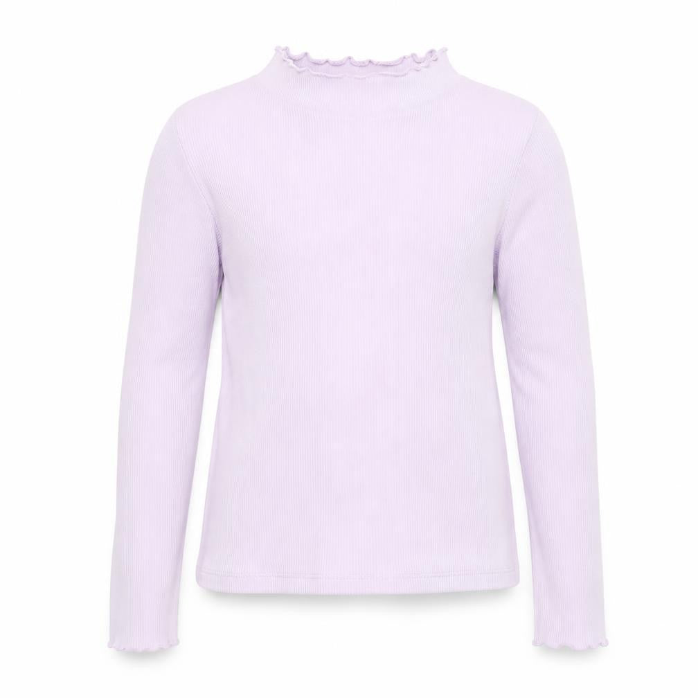 Front view of Matalan girls’ purple cotton basic casual, size 9, years high neck pullover - lettuce edging