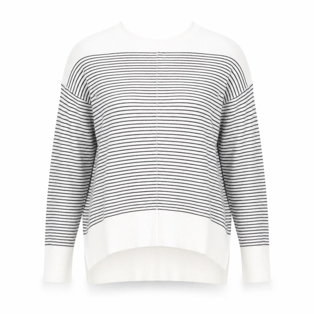 Front view of Primark women’s ivory crew neck striped polyamide jumper, size UK 12