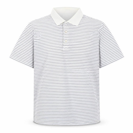 Front view of Bobby Jones men’s white striped polyester polo, size M, collared pullover