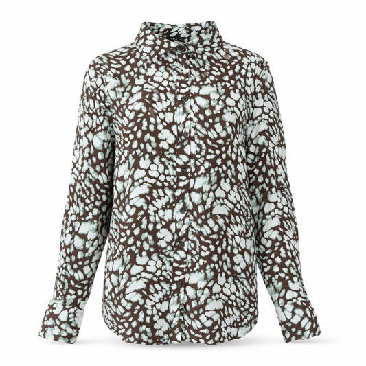 Front view of Marks & Spencer women’s brown geometric viscose basic button-up, size UK 8, collared