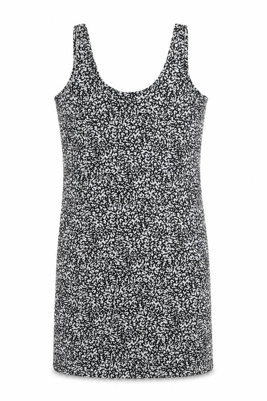 Front view of Marks & Spencer women’s black geometric viscose bodycon, size UK 10, scoop neck pullover