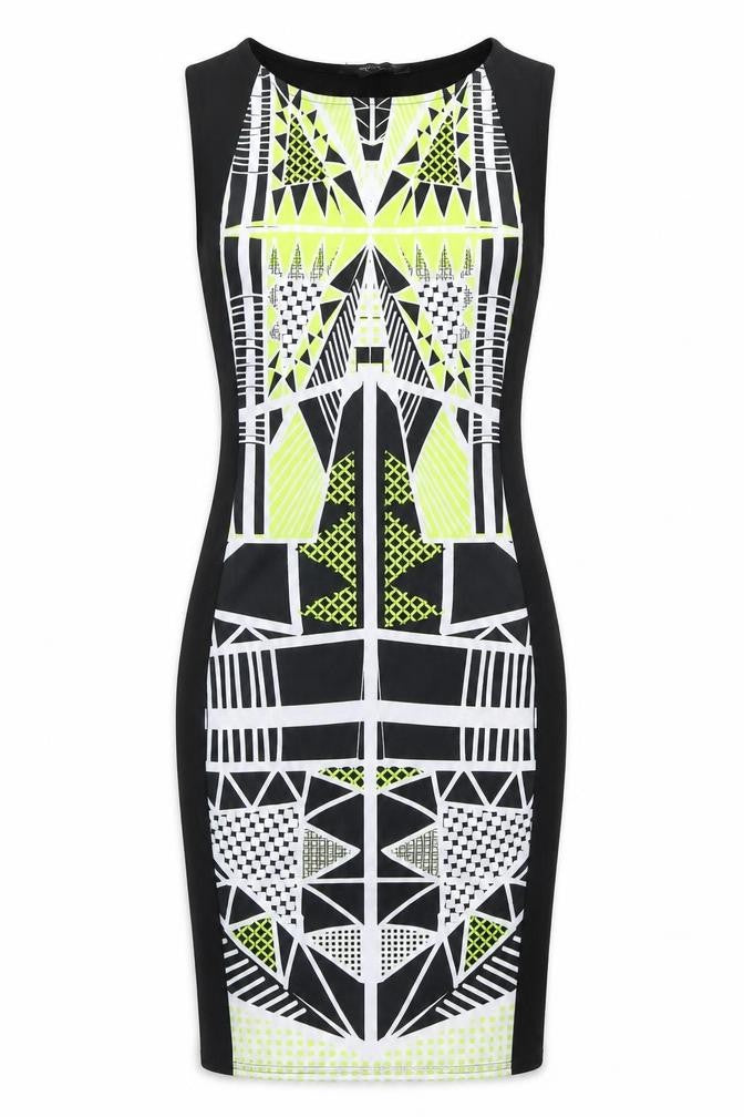 Front view of Internacionale women’s black geometric polyester bodycon, size UK 8, boat neck pullover