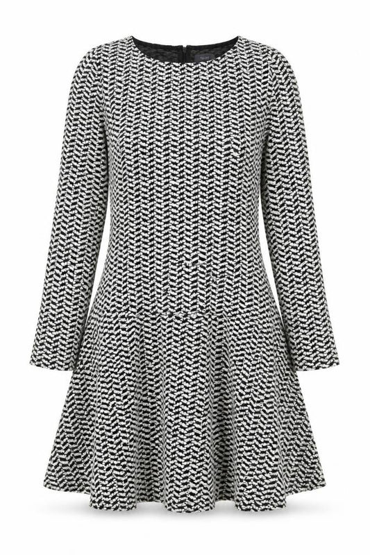 Front view of Yessica women’s black geometric polyester skater dress, size S, round neck zip