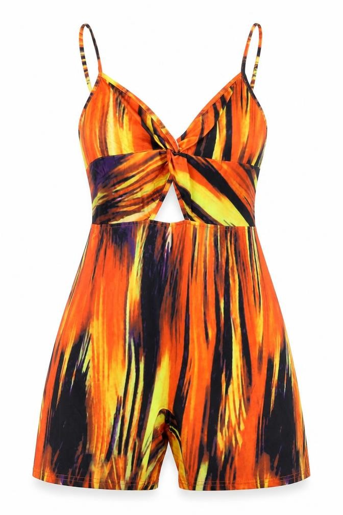 Front view of SHEIN women’s orange geometric polyester romper one-piece, size L, 3-inch leg pullover